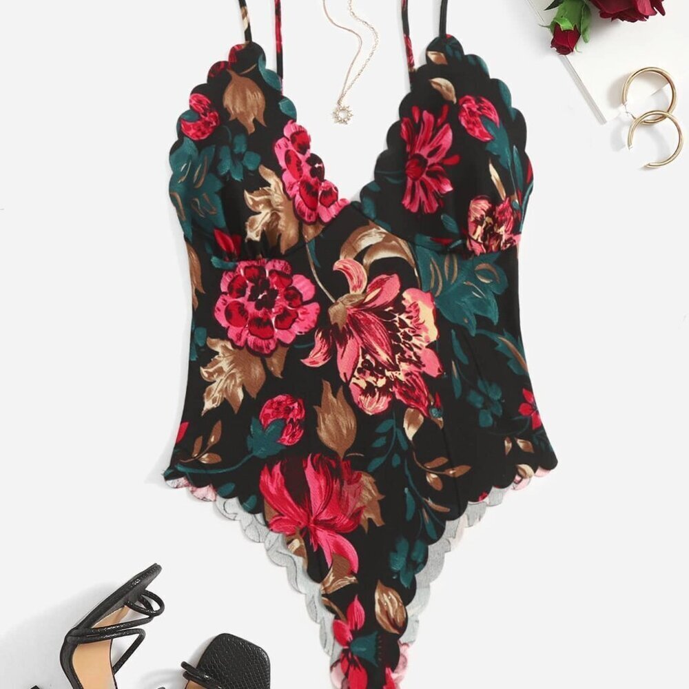 Multicolor Boho Women's Allover Floral Print Scallop Trim Cami Bodysuit